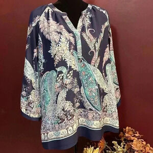 Roz & Ali Women’s Large Semi-Sheer 3/4 Sleeve Navy V Neck Blouse